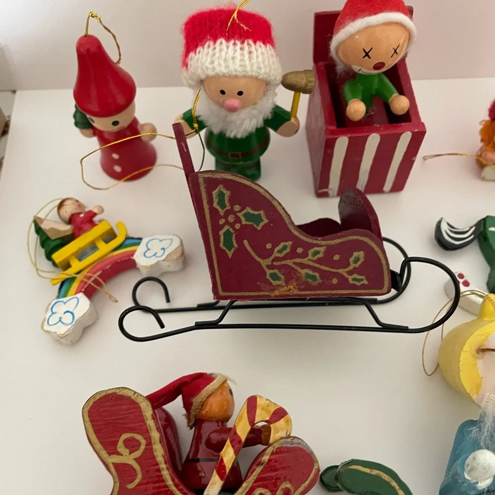 Vintage 1970s/1980s Wood Christmas Ornament Lot Kid Theme